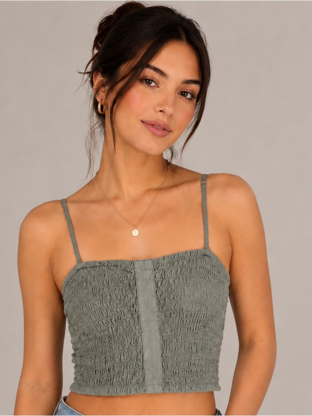 American Eagle Smocked Crop Cami Top – Sage Green – XS – Adjustable Straps
